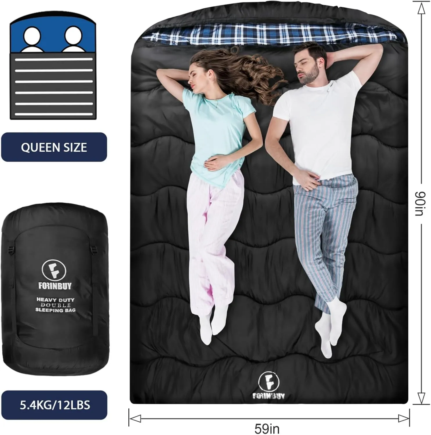 0 Degree Flannel Double Sleeping Bag for Adults, Couples or Family - Winter Queen Size Waterproof & Warm 2-Person Sleeping Bag for Cold Weather Camping, RV Travel