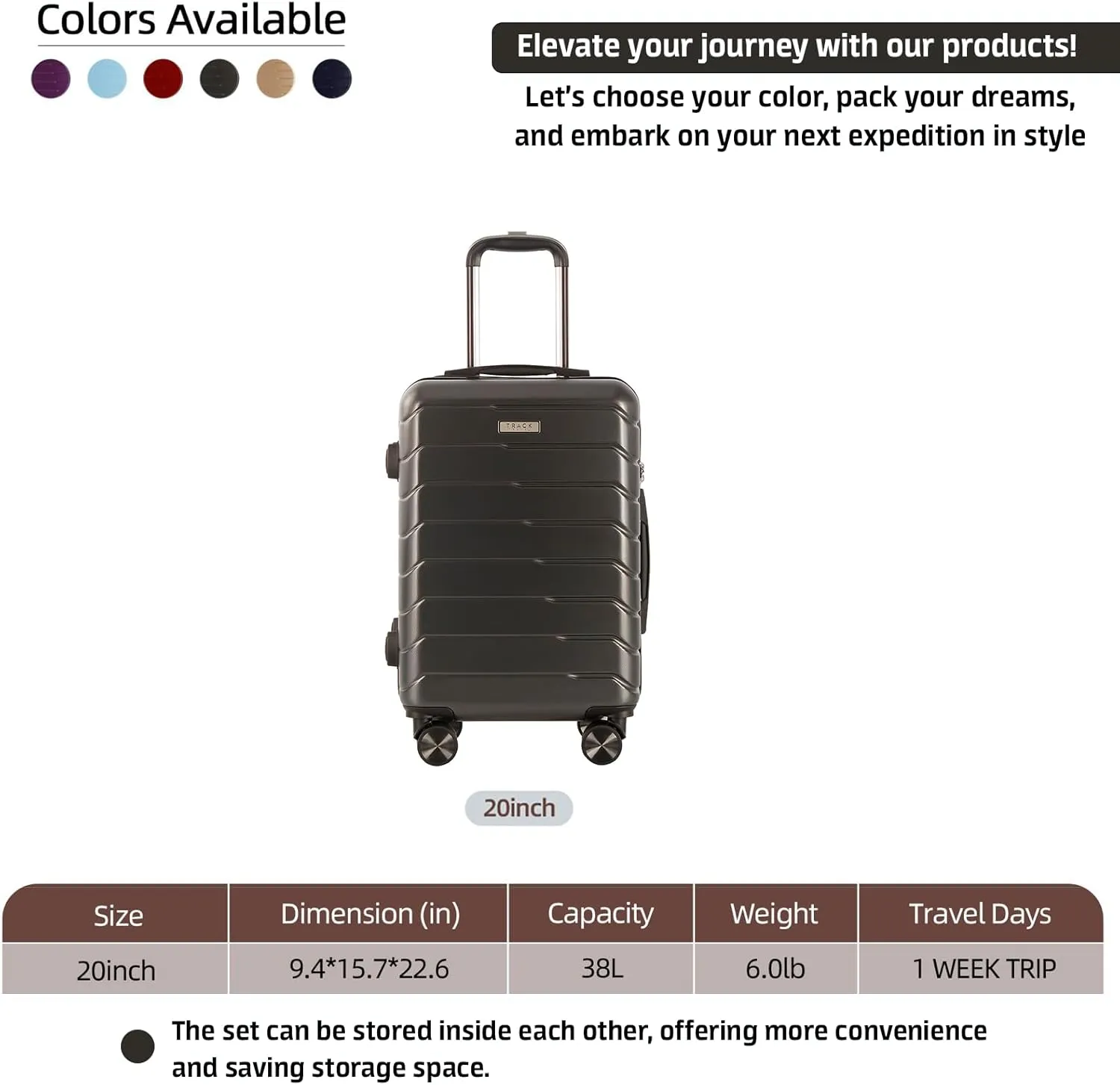 1 Piece Carry on Luggage ABS PC Hardshell TSA Lock Aluminum Trolley Spinner Wheels (Dark Grey, 1 Piece)