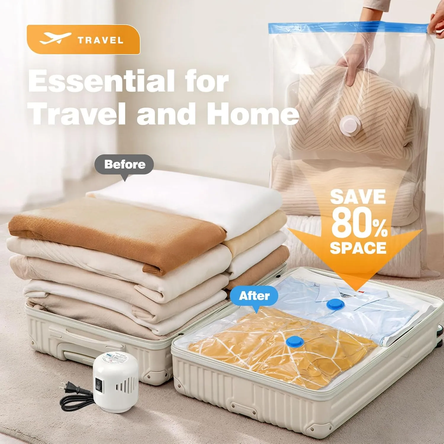 10 Pack Travel Vacuum Storage Bags With Electric Pump, Vacuum Seal Bags for Clothing, Vacuum Sealer Bags for Luggage, Travel Essentials