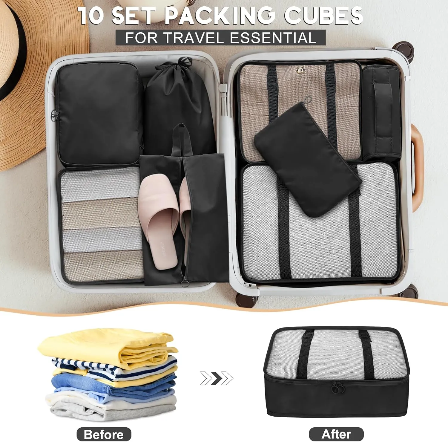 10 Set Packing Cubes for Travel, Luggage Organizer Bags with Hanging Toiletry Bag and Shoe Bag, Travel Packing Cubes for Carry on Suitcase Luggage Accessories Vacation Essentials (Black)