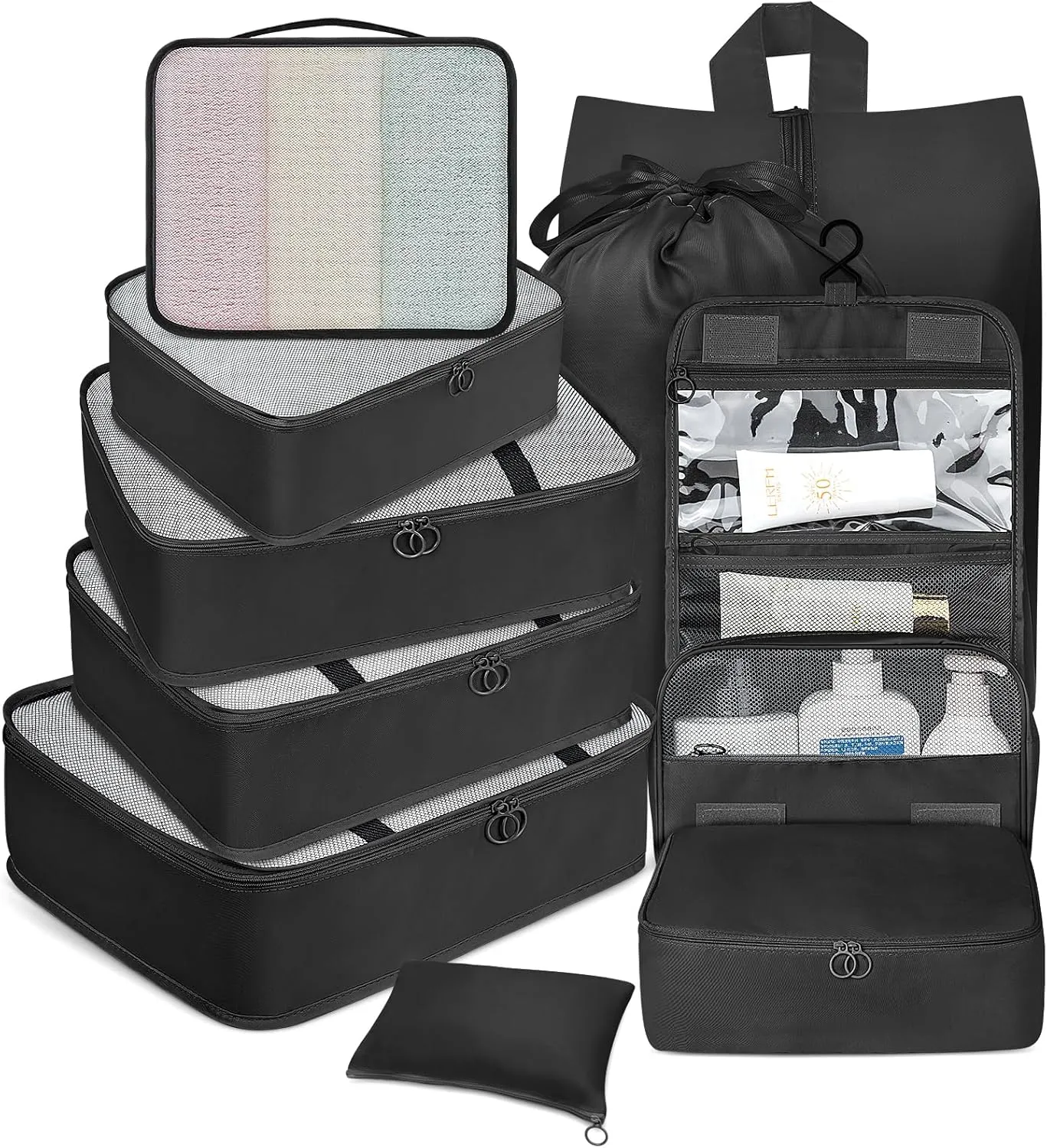 10 Set Packing Cubes for Travel, Luggage Organizer Bags with Hanging Toiletry Bag and Shoe Bag, Travel Packing Cubes for Carry on Suitcase Luggage Accessories Vacation Essentials (Black)