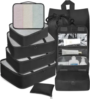 10 Set Packing Cubes for Travel, Luggage Organizer Bags with Hanging Toiletry Bag and Shoe Bag, Travel Packing Cubes for Carry on Suitcase Luggage Accessories Vacation Essentials (Black)