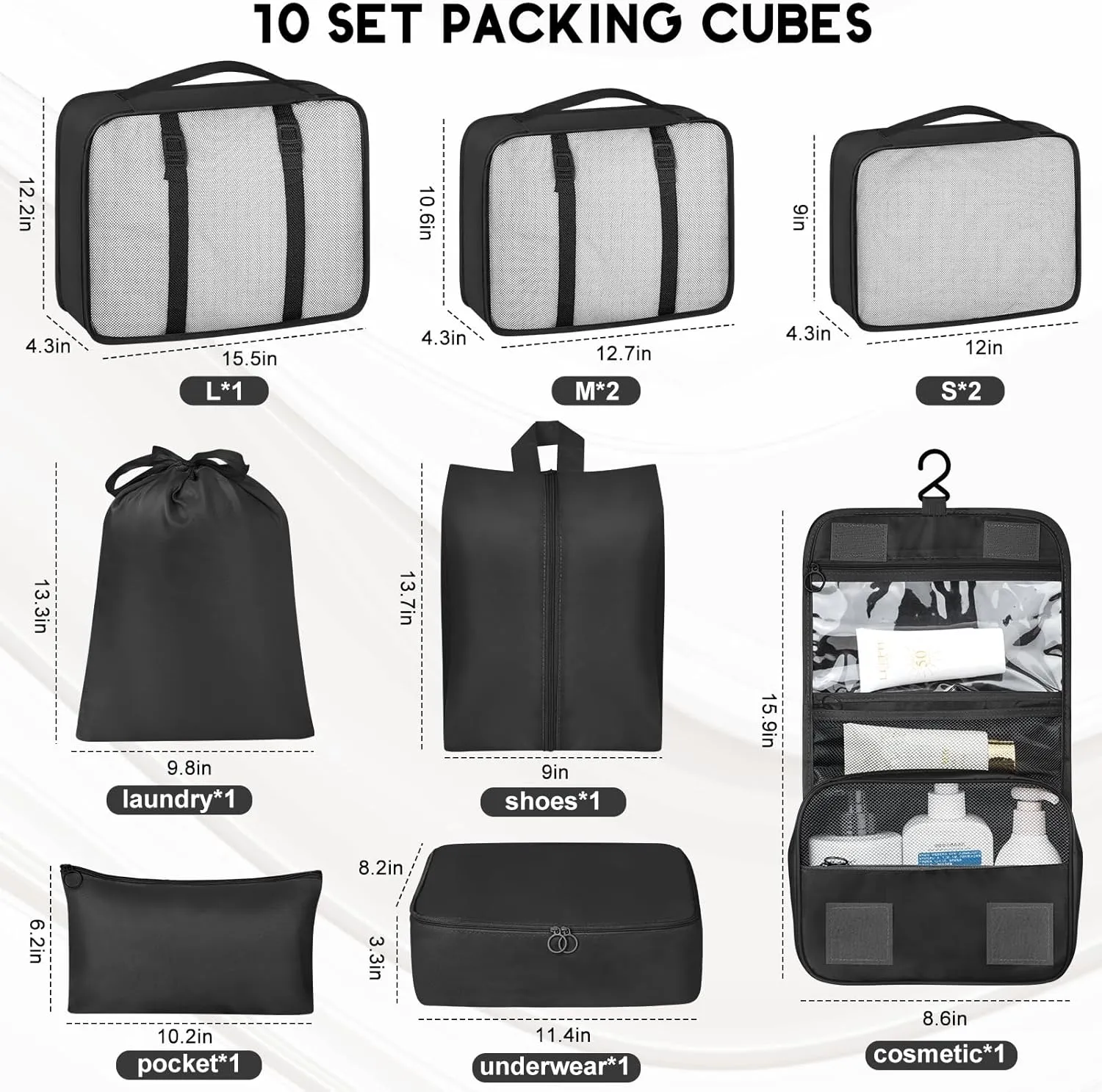 10 Set Packing Cubes for Travel, Luggage Organizer Bags with Hanging Toiletry Bag and Shoe Bag, Travel Packing Cubes for Carry on Suitcase Luggage Accessories Vacation Essentials (Black)