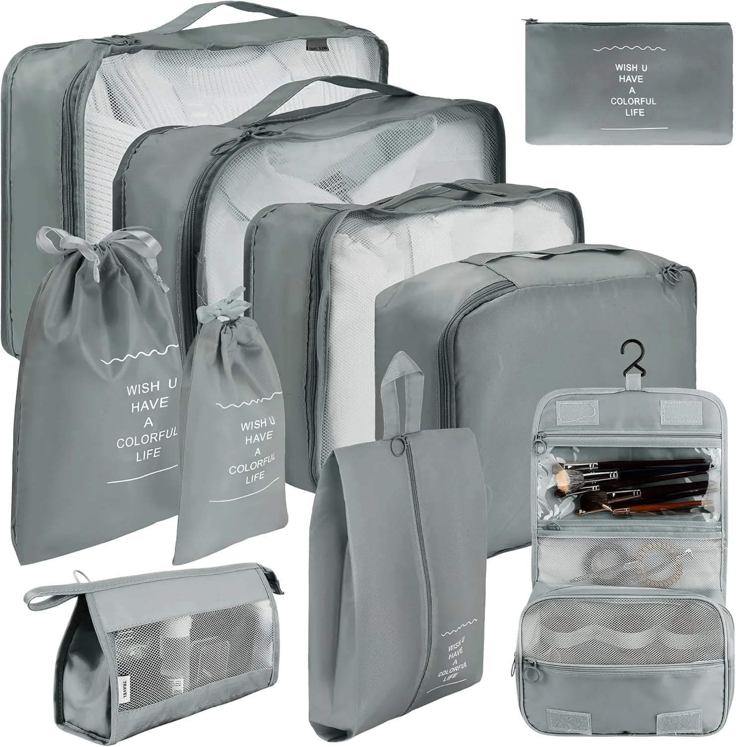 10 Set Packing Cubes - Grey Travel Cubes for Packing Suitcase Organizer with Toiletry Bag Mesh Breathable Luggage Organizer Bags Travel Essentials