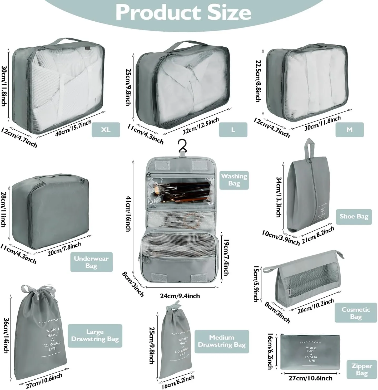 10 Set Packing Cubes - Grey Travel Cubes for Packing Suitcase Organizer with Toiletry Bag Mesh Breathable Luggage Organizer Bags Travel Essentials