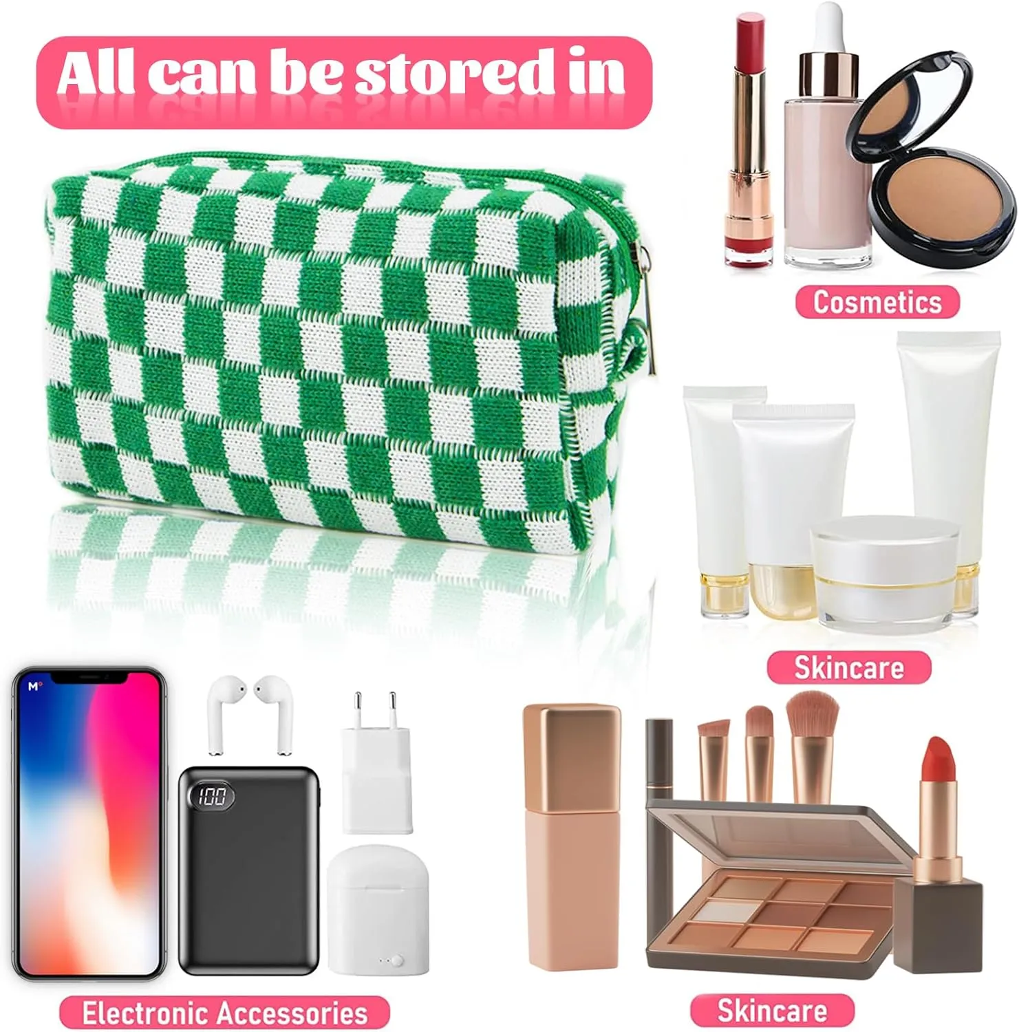 12 PCS Checkered Makeup Bag Cosmetic Bag for Women Checkered Pouch Plaid Makeup Bag for Women Large Capacity Pencil Case Makeup Brushes Storage Bag Travel Toiletry Bag Organizer