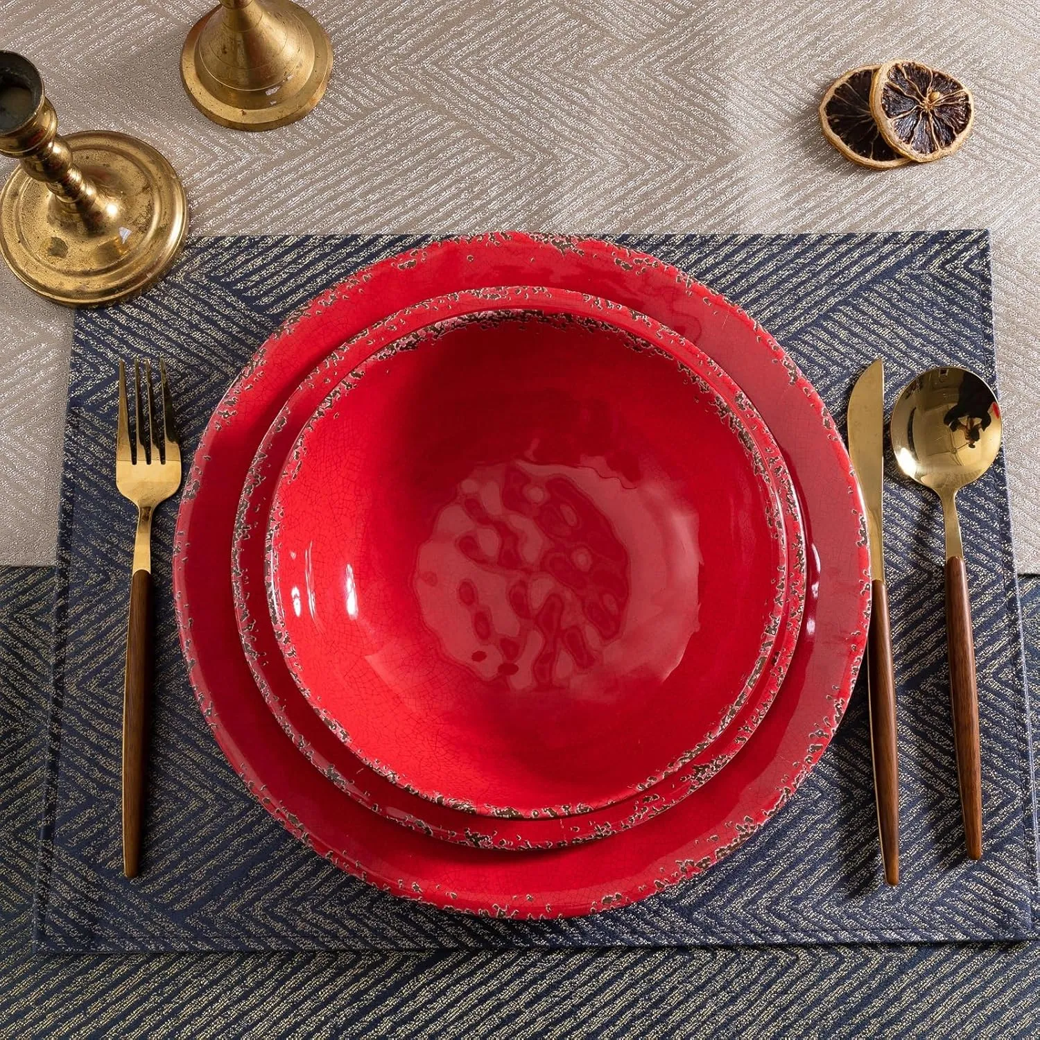 12 Piece Farmhouse Melamine Dinnerware Sets, Service For 4 Rustic Crackled Plates and Bowls Sets, Melamine Dishes Set for Christmas,Wedding, Set of 4 Camping Dishes, Red