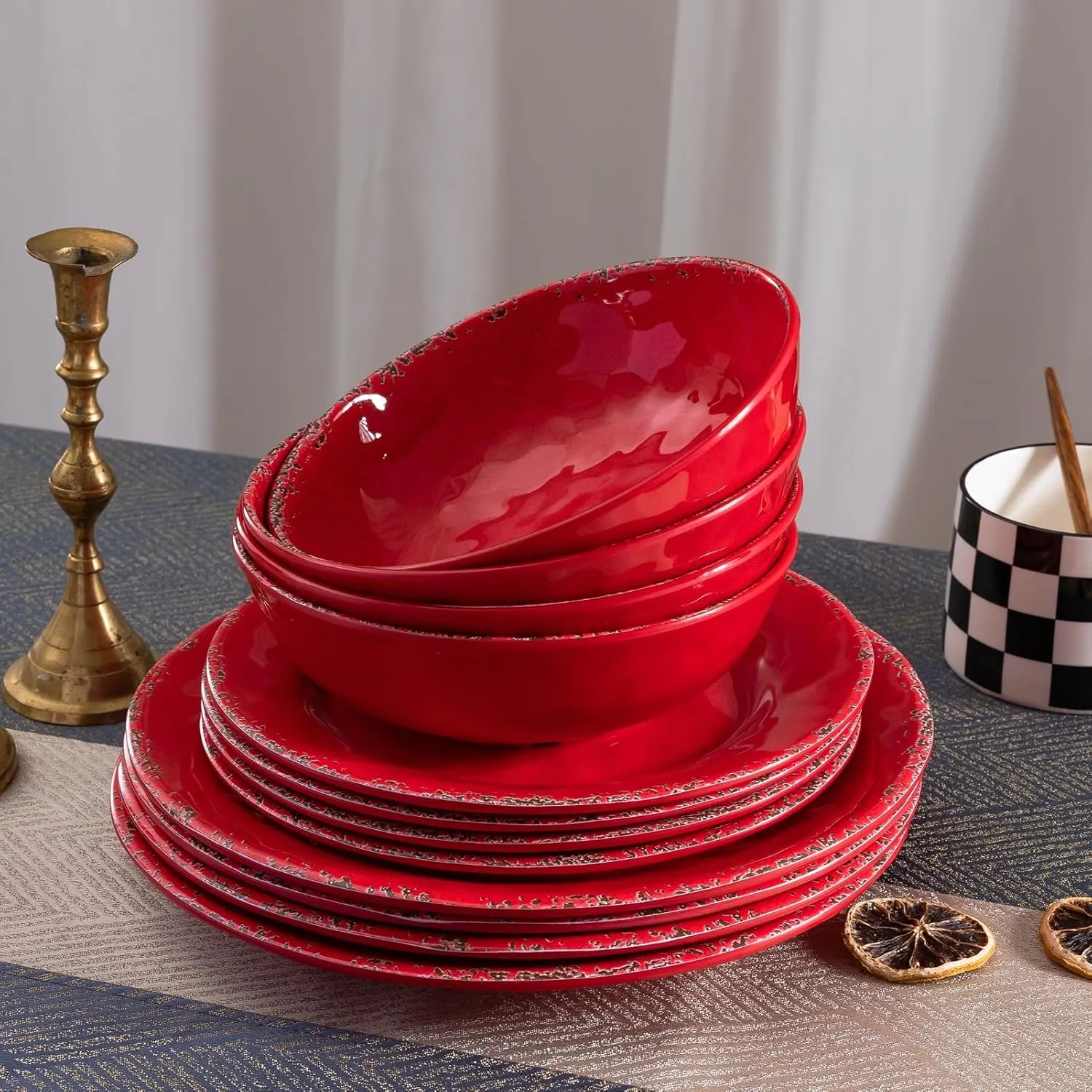 12 Piece Farmhouse Melamine Dinnerware Sets, Service For 4 Rustic Crackled Plates and Bowls Sets, Melamine Dishes Set for Christmas,Wedding, Set of 4 Camping Dishes, Red