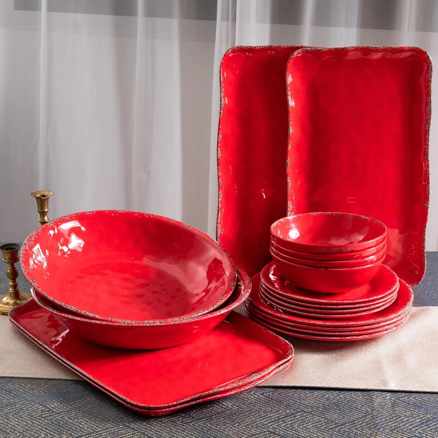 12 Piece Farmhouse Melamine Dinnerware Sets, Service For 4 Rustic Crackled Plates and Bowls Sets, Melamine Dishes Set for Christmas,Wedding, Set of 4 Camping Dishes, Red