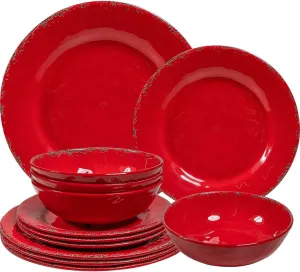 12 Piece Farmhouse Melamine Dinnerware Sets, Service For 4 Rustic Crackled Plates and Bowls Sets, Melamine Dishes Set for Christmas,Wedding, Set of 4 Camping Dishes, Red