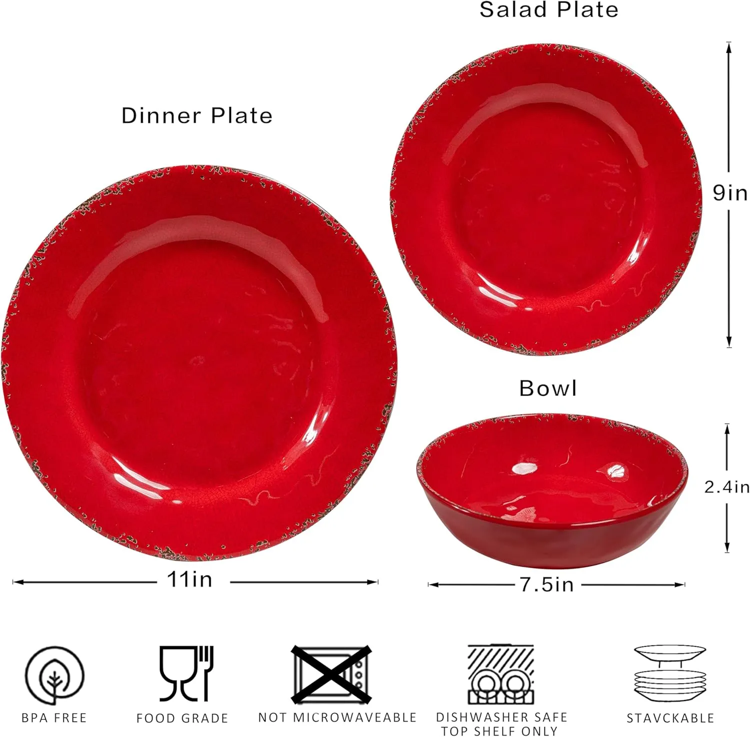 12 Piece Farmhouse Melamine Dinnerware Sets, Service For 4 Rustic Crackled Plates and Bowls Sets, Melamine Dishes Set for Christmas,Wedding, Set of 4 Camping Dishes, Red