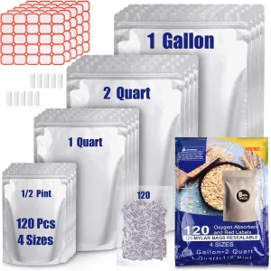 120 Mylar Bags for Food Storage with Oxygen Absorbers 300cc, 8 Mil 1Gallon 10"x14", 7.5"x11.5", 6"x9", 4.3"x6.3" Stand-Up Zipper Resealable Bags & Heat Sealable Food Storage Bags   Labels