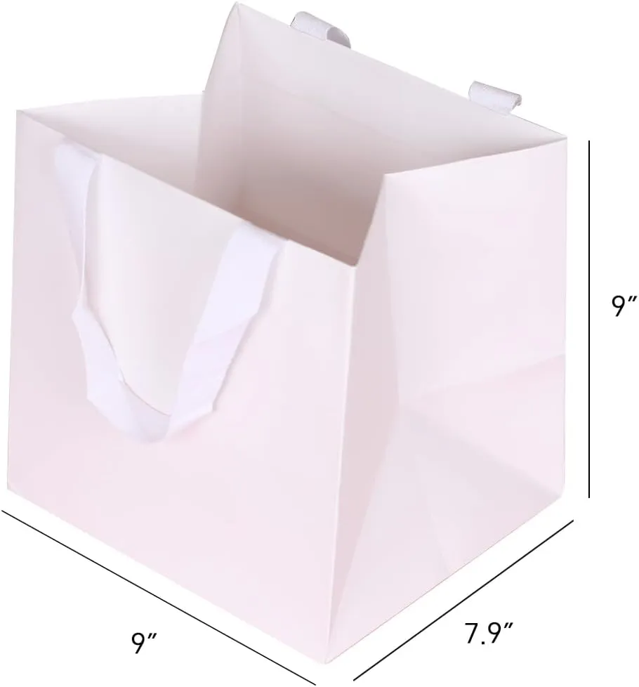 12pcs 9x7.9x9" (7) Square Medium Size, White Wide-bottom Gift Bags, Sturdy Durable Paper Bags for Flower Lunch Cake Box