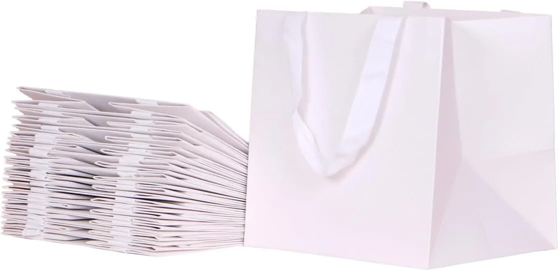 12pcs 9x7.9x9" (7) Square Medium Size, White Wide-bottom Gift Bags, Sturdy Durable Paper Bags for Flower Lunch Cake Box