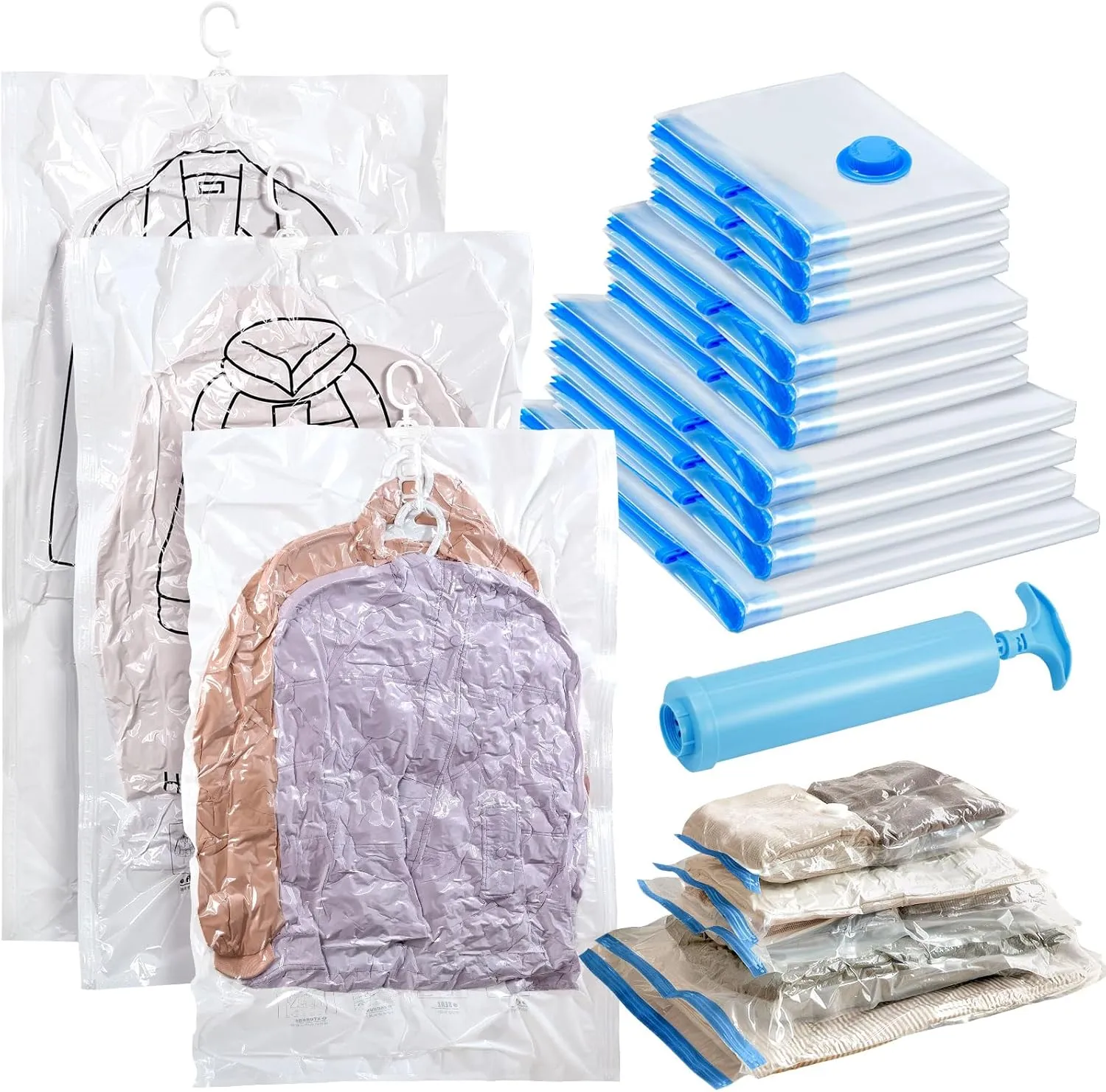 13Pcs Vacuum Storage Bags for Clothes, 10 Vacuum Seal Bags (1Jumbo,3Large,3Medium,3Small) 3 Hanging Clothes Storage Bags Vacuum Sealed(Large, Medium, Small), 80% Space Saver Bags for Home Essentials