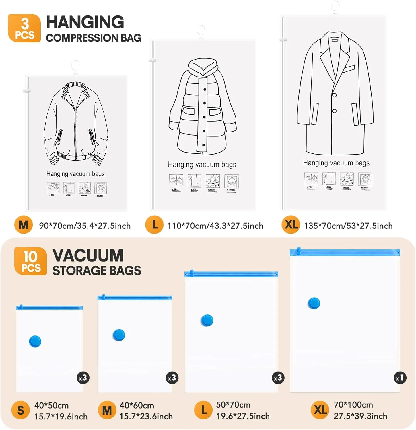 13Pcs Vacuum Storage Bags for Clothes, 10 Vacuum Seal Bags (1Jumbo,3Large,3Medium,3Small) 3 Hanging Clothes Storage Bags Vacuum Sealed(Large, Medium, Small), 80% Space Saver Bags for Home Essentials