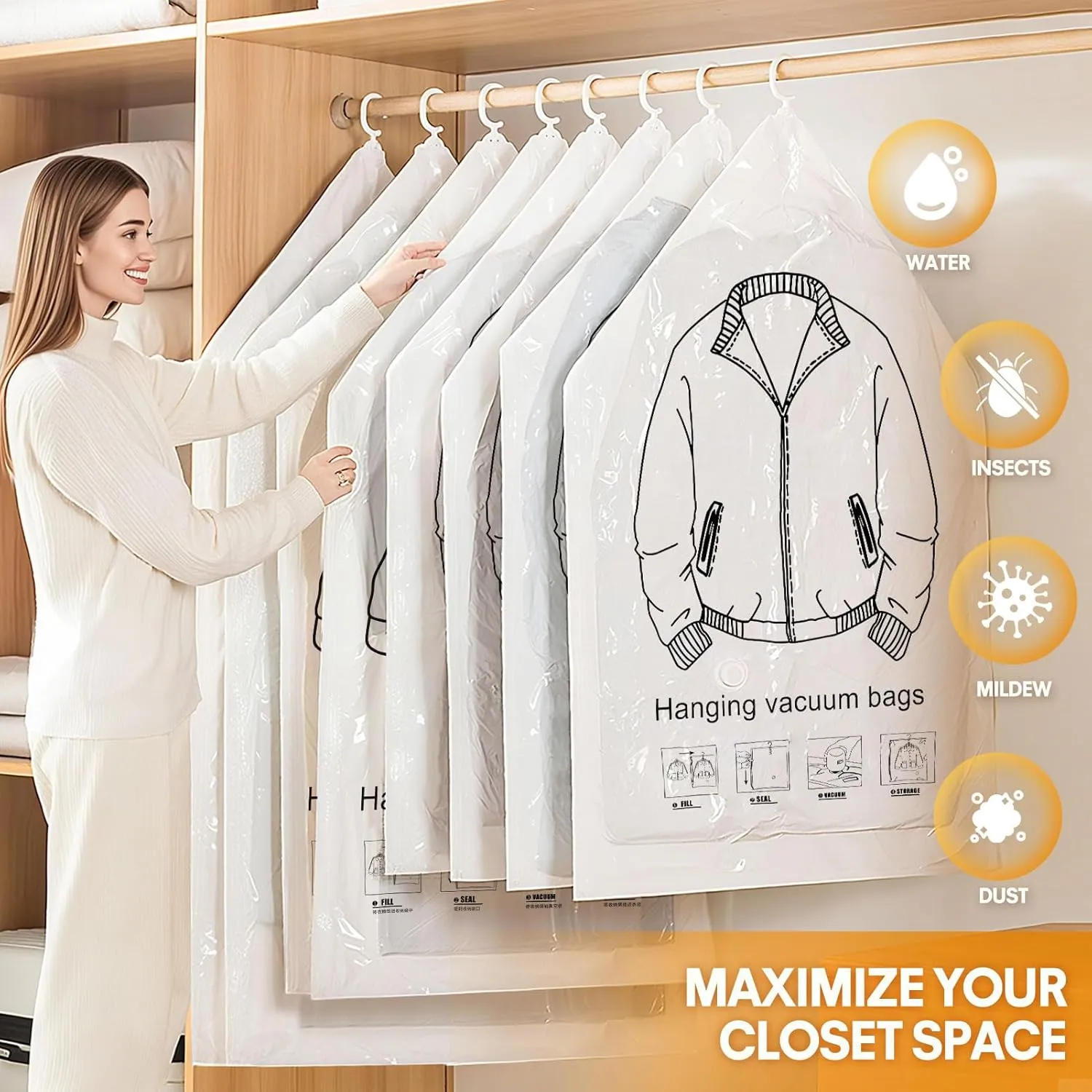 13Pcs Vacuum Storage Bags for Clothes, 10 Vacuum Seal Bags (1Jumbo,3Large,3Medium,3Small) 3 Hanging Clothes Storage Bags Vacuum Sealed(Large, Medium, Small), 80% Space Saver Bags for Home Essentials