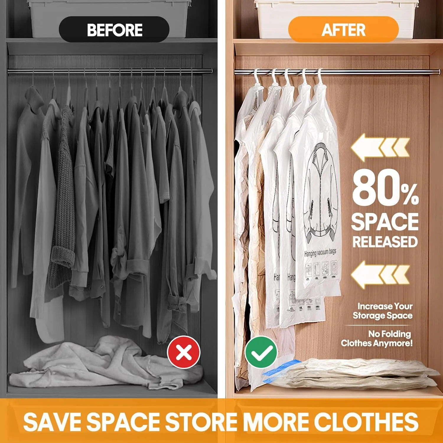 13Pcs Vacuum Storage Bags for Clothes, 10 Vacuum Seal Bags (1Jumbo,3Large,3Medium,3Small) 3 Hanging Clothes Storage Bags Vacuum Sealed(Large, Medium, Small), 80% Space Saver Bags for Home Essentials