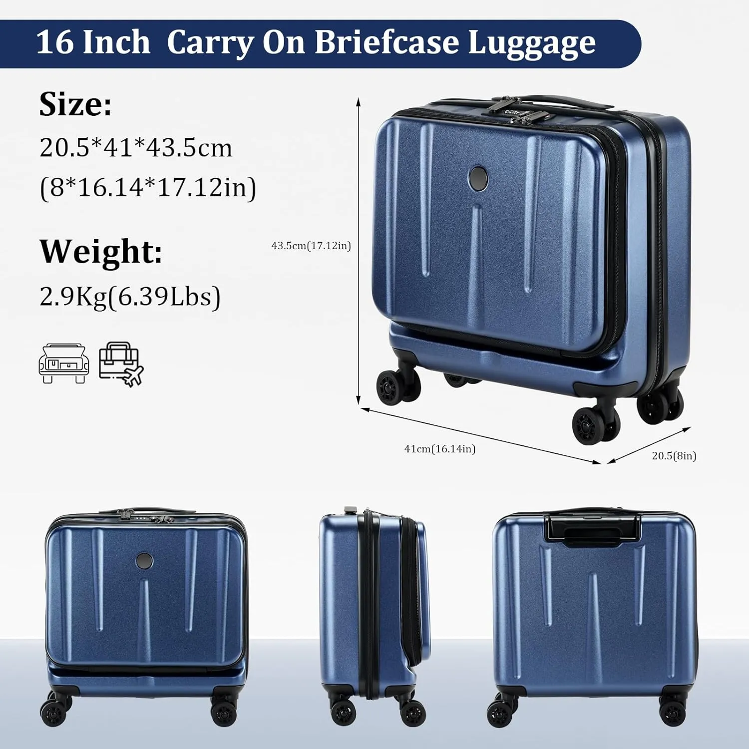 16" Carry On Briefcase Luggage with 2 Laptop Compartments, Lightweight Hardshell Suitcase with Spinner Silent Wheels, for Commute Work Business Trip, Dark Blue