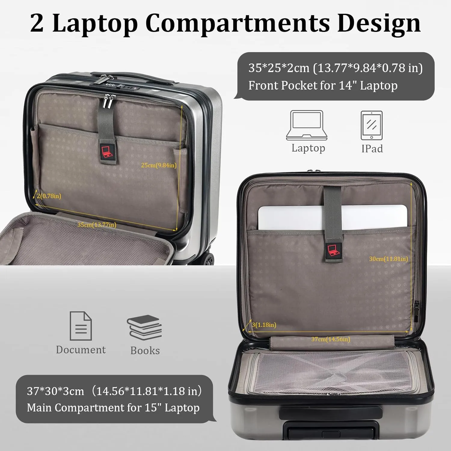 16" Carry On Briefcase Luggage with 2 Laptop Compartments, Lightweight Hardshell Suitcase with Spinner Silent Wheels, for Commute Work Business Trip, Dark Gray