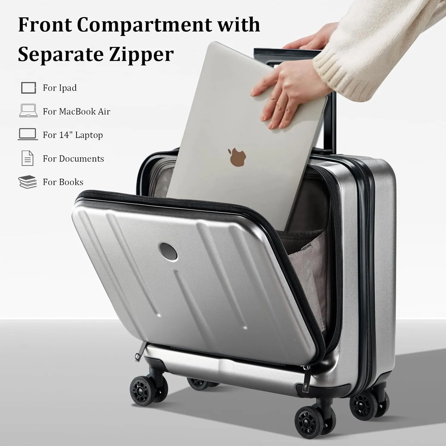 16" Carry On Briefcase Luggage with 2 Laptop Compartments, Lightweight Hardshell Suitcase with Spinner Silent Wheels, for Commute Work Business Trip, Dark Gray