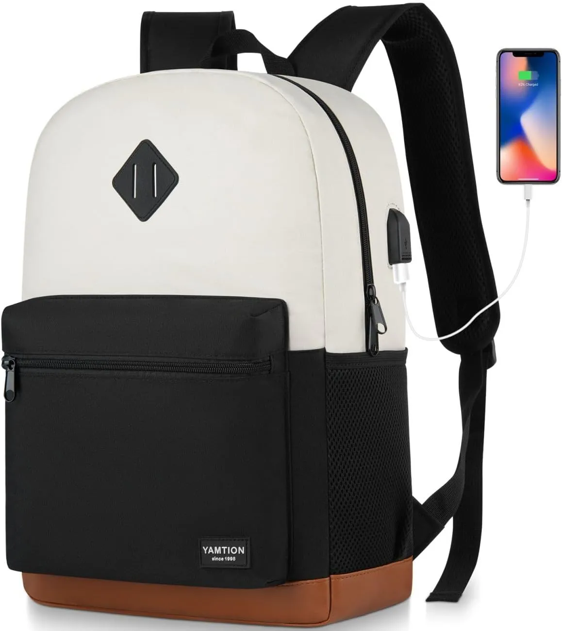 17 Inch School Backpack Women,Classic Back Pack College Bookbag Teen Boys and Girls Black Beige