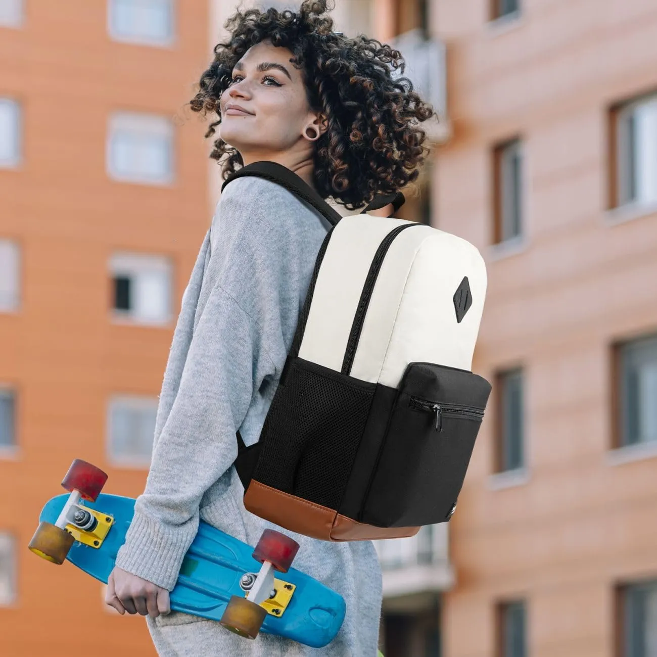 17 Inch School Backpack Women,Classic Back Pack College Bookbag Teen Boys and Girls Black Beige