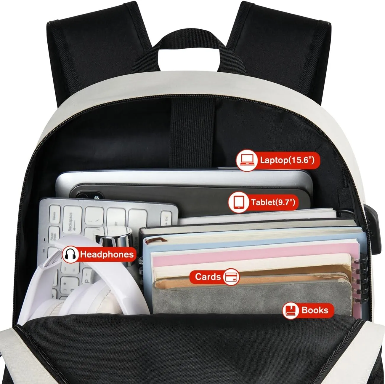 17 Inch School Backpack Women,Classic Back Pack College Bookbag Teen Boys and Girls Black Beige