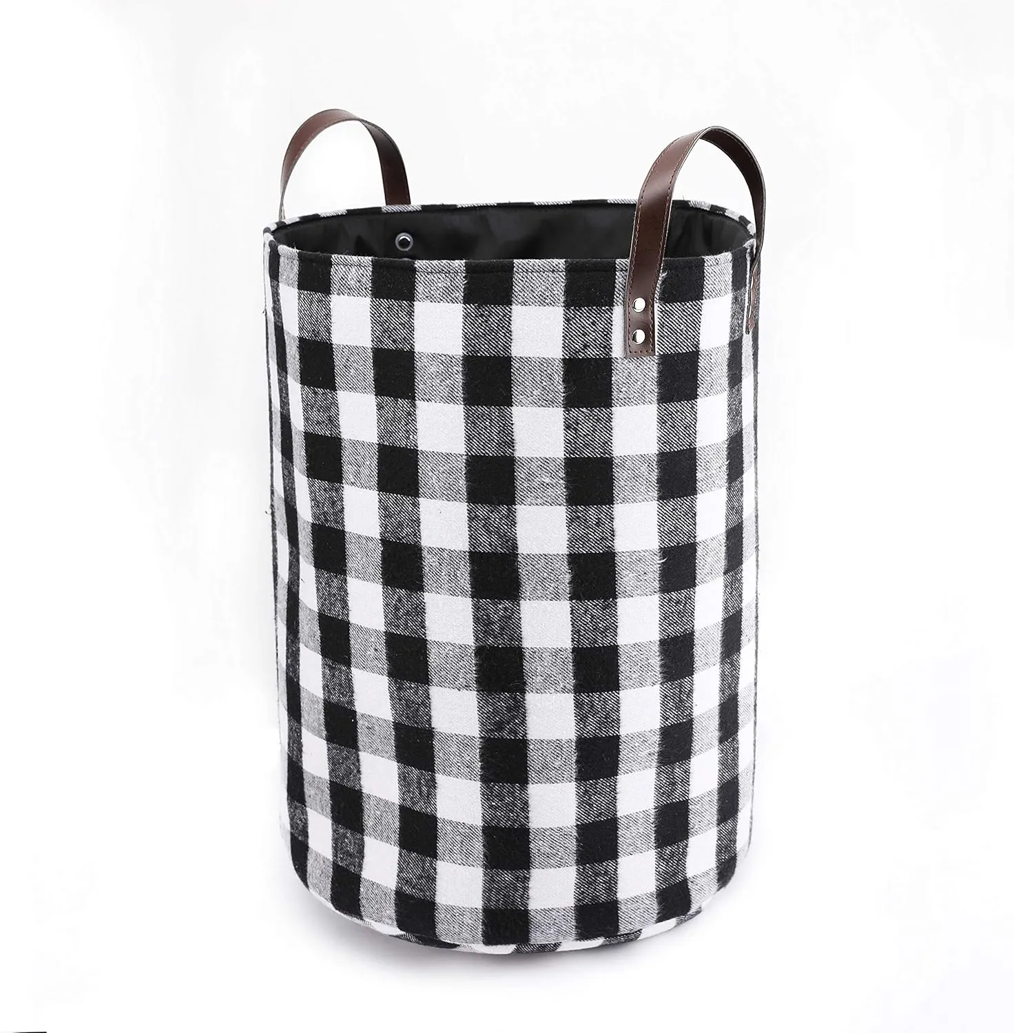 17.7" Large Collapsible Storage Basket with Leather Handles, Black Buffalo Plaid Woolen Fabric Foldable Tote Bags Round Home Decorative Organizer Bin