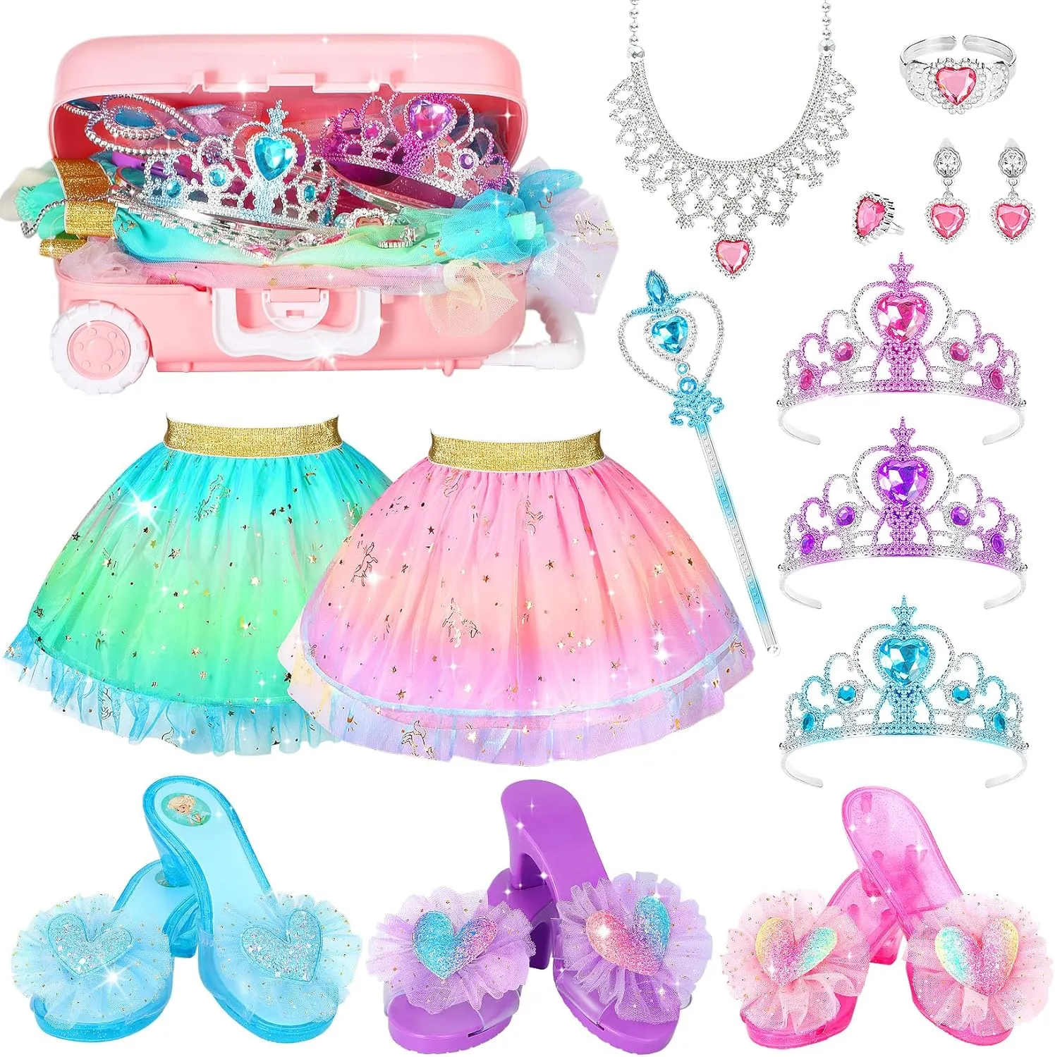 19 Pcs Princess Dress Up Shoes Gift Set, Girls Role Play Dress Up Toys & Costumes Set, Toddler Pretend Jewelry Boutique Kit Gift for Little Girls Aged 3 4 5 6 Years Old
