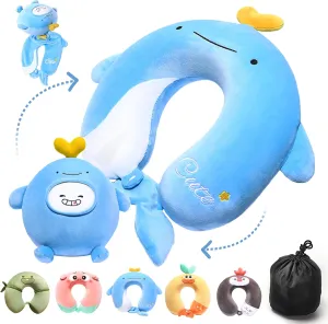 2-in-1 Deformable Kids Adult Neck Pillow for Traveling Soft U-Shaped Pillow with Adorable Animal Design Comfy Sleep Travel Accessories for Car Airplane Traveling（Whale）