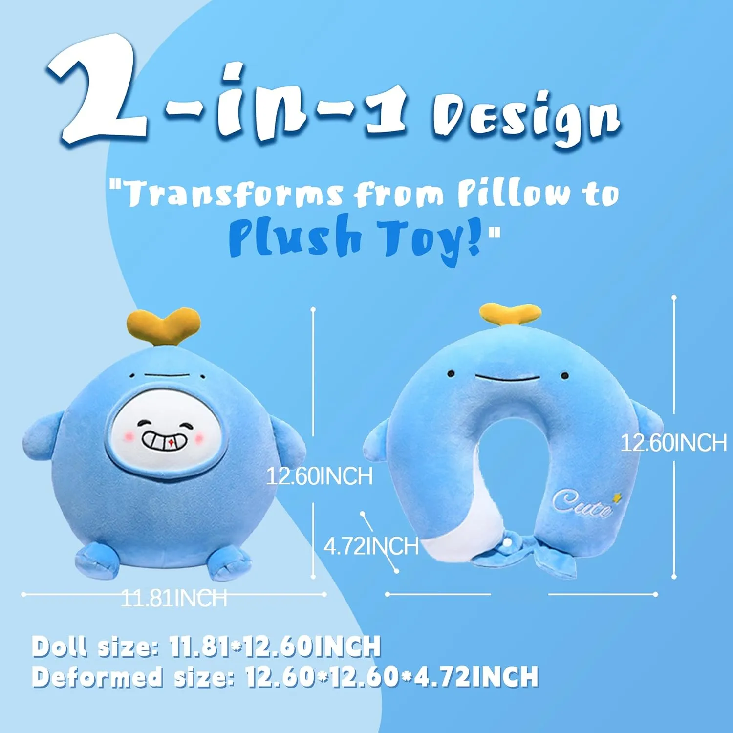 2-in-1 Deformable Kids Adult Neck Pillow for Traveling Soft U-Shaped Pillow with Adorable Animal Design Comfy Sleep Travel Accessories for Car Airplane Traveling（Whale）