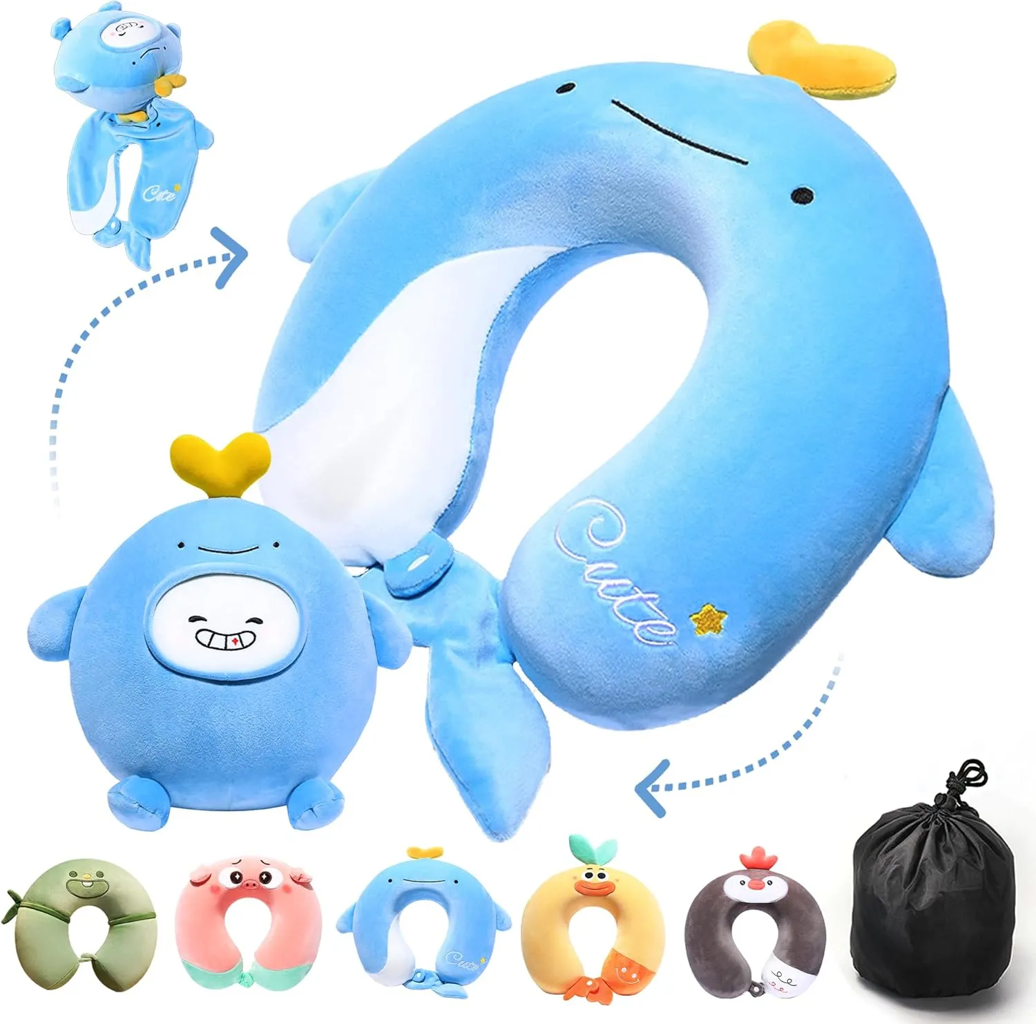 2-in-1 Deformable Kids Adult Neck Pillow for Traveling Soft U-Shaped Pillow with Adorable Animal Design Comfy Sleep Travel Accessories for Car Airplane Traveling（Whale）