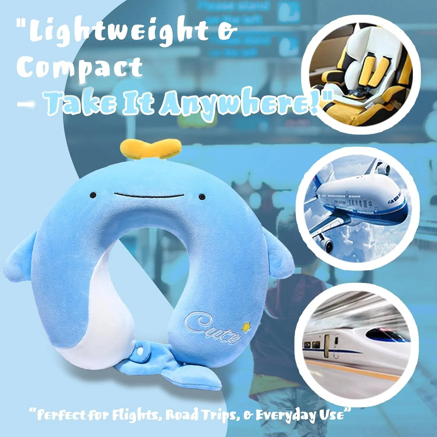 2-in-1 Deformable Kids Adult Neck Pillow for Traveling Soft U-Shaped Pillow with Adorable Animal Design Comfy Sleep Travel Accessories for Car Airplane Traveling（Whale）
