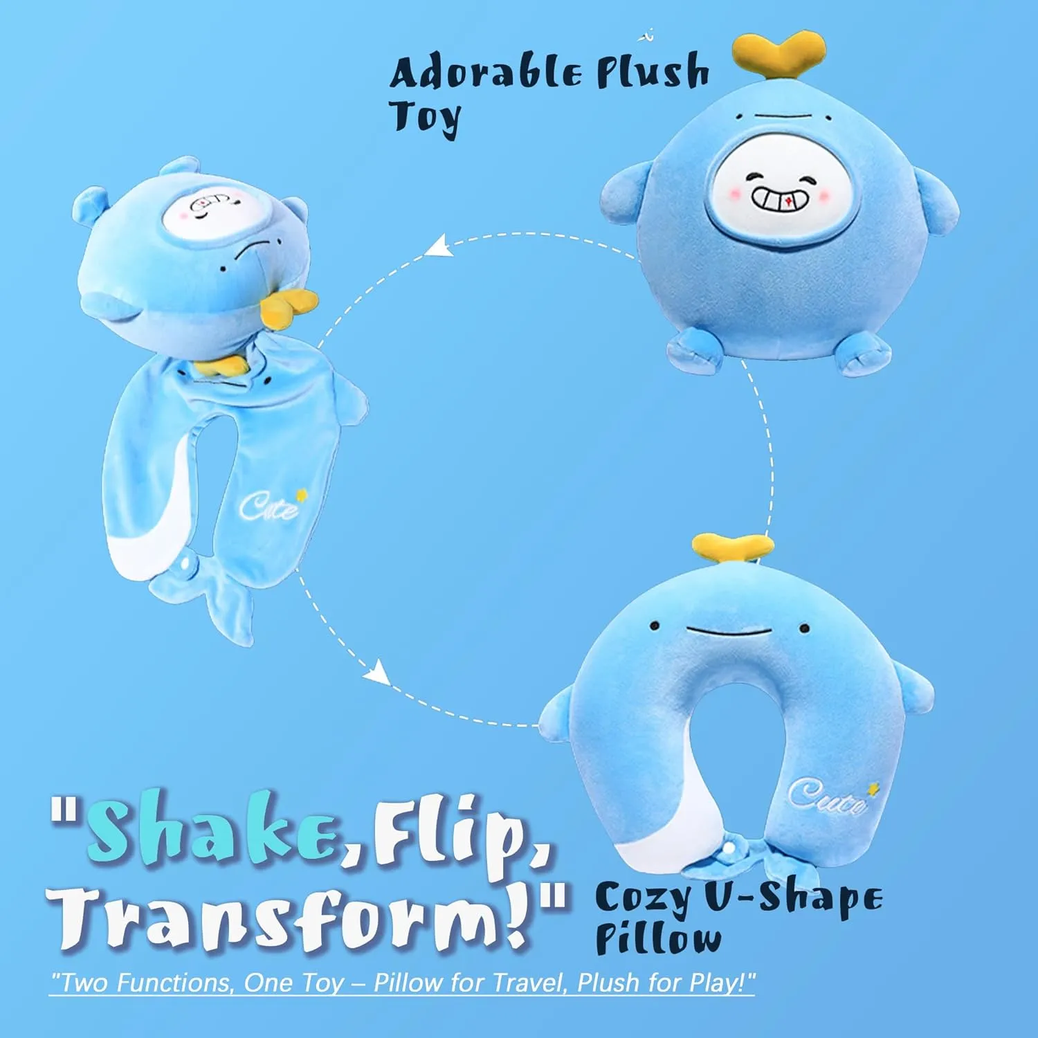 2-in-1 Deformable Kids Adult Neck Pillow for Traveling Soft U-Shaped Pillow with Adorable Animal Design Comfy Sleep Travel Accessories for Car Airplane Traveling（Whale）