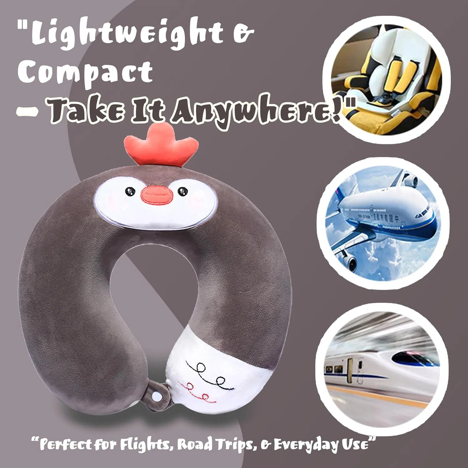 2-in-1 Travel Pillow for Kids Adult Cute Neck Pillow for Traveling Foam Particles Airplane Pillow Sleep U-Shaped Animal Flight Pillow Head Rest Neck Support for Cars Long Flights (Penguin