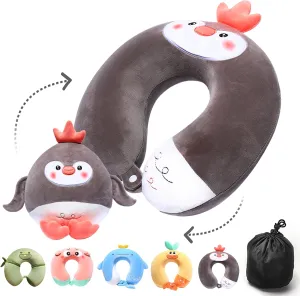 2-in-1 Travel Pillow for Kids Adult Cute Neck Pillow for Traveling Foam Particles Airplane Pillow Sleep U-Shaped Animal Flight Pillow Head Rest Neck Support for Cars Long Flights (Penguin