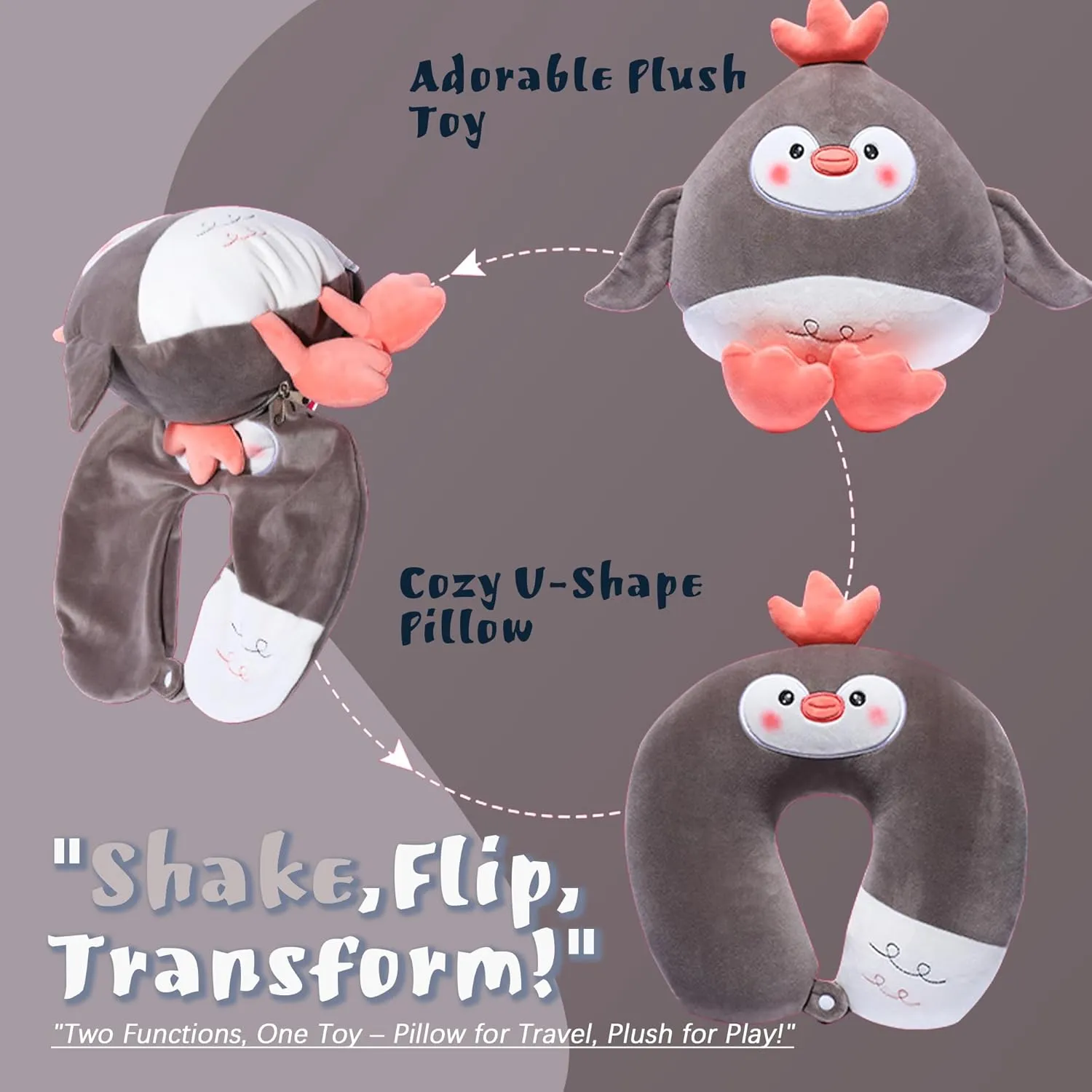 2-in-1 Travel Pillow for Kids Adult Cute Neck Pillow for Traveling Foam Particles Airplane Pillow Sleep U-Shaped Animal Flight Pillow Head Rest Neck Support for Cars Long Flights (Penguin