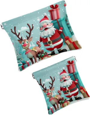 2 Pack Faux Leather Makeup Bag for Purse, Small Makeup Pouch for Purse, Waterproof Mini Bag Purse, Travel Makeup Bag for Cosmetics Jewelry, Christmas Santa Elk Cartoon