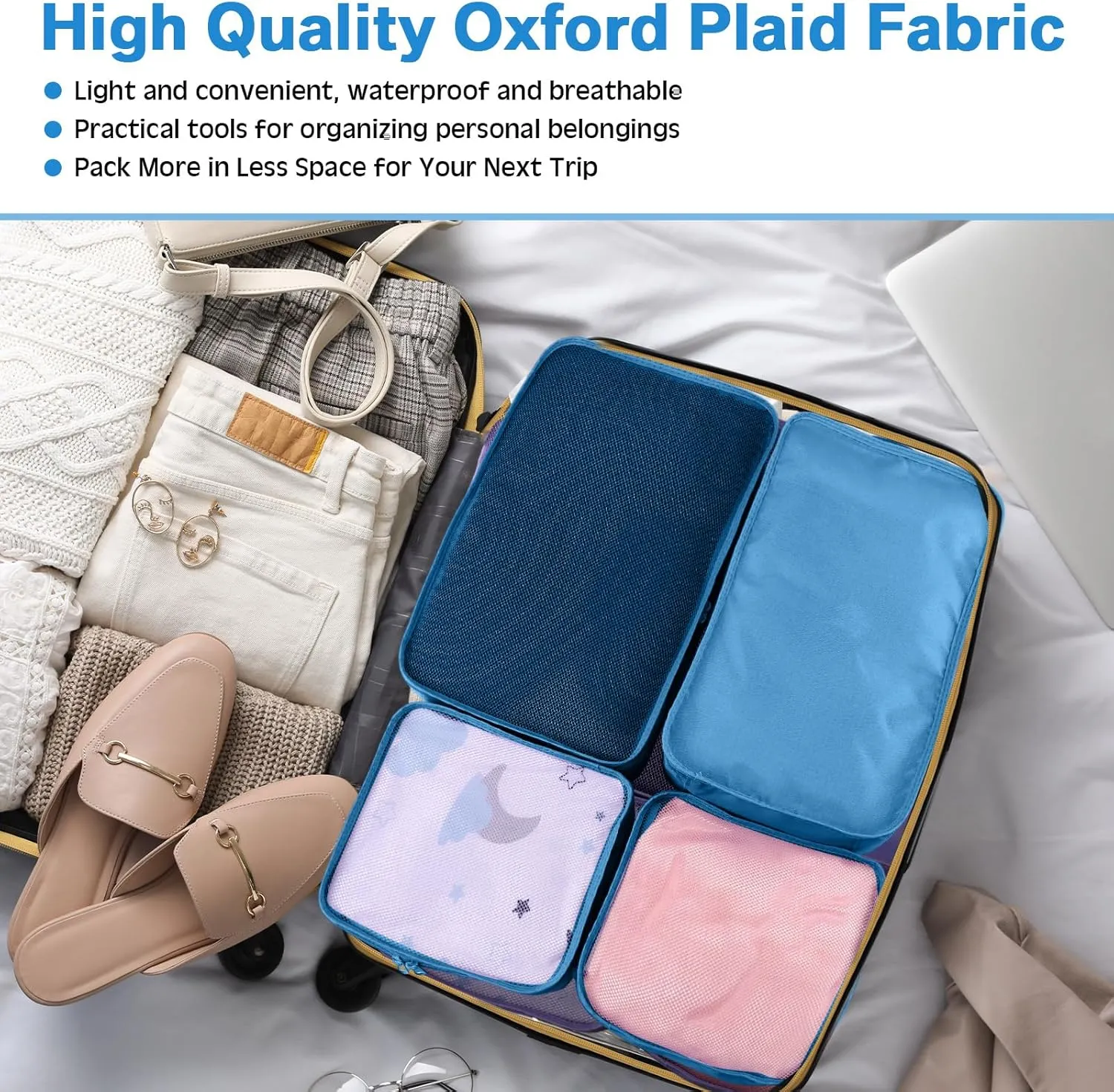 2 Packs 6 Set Travel Packing Cubes Luggage Organizer Set Lightweight Suitcase Organizer Bags with Shoe Bag Travel Packing Organizers for Clothes Cosmetic Toiletries Travel Accessories