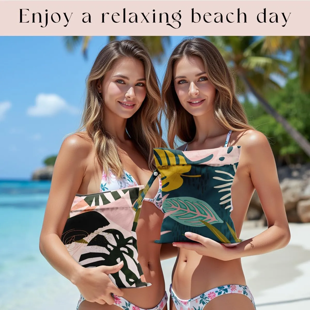 2 Pcs Wet Bag, Waterproof Wet Dry Bag, Small Laundry Bag, for Swimsuit, Pool, Travel, Beach, Diapers, Dirty Yoga Gym Clothes, Makeup Bags for Travel, Tropical Palm Leaves Decor Jungle