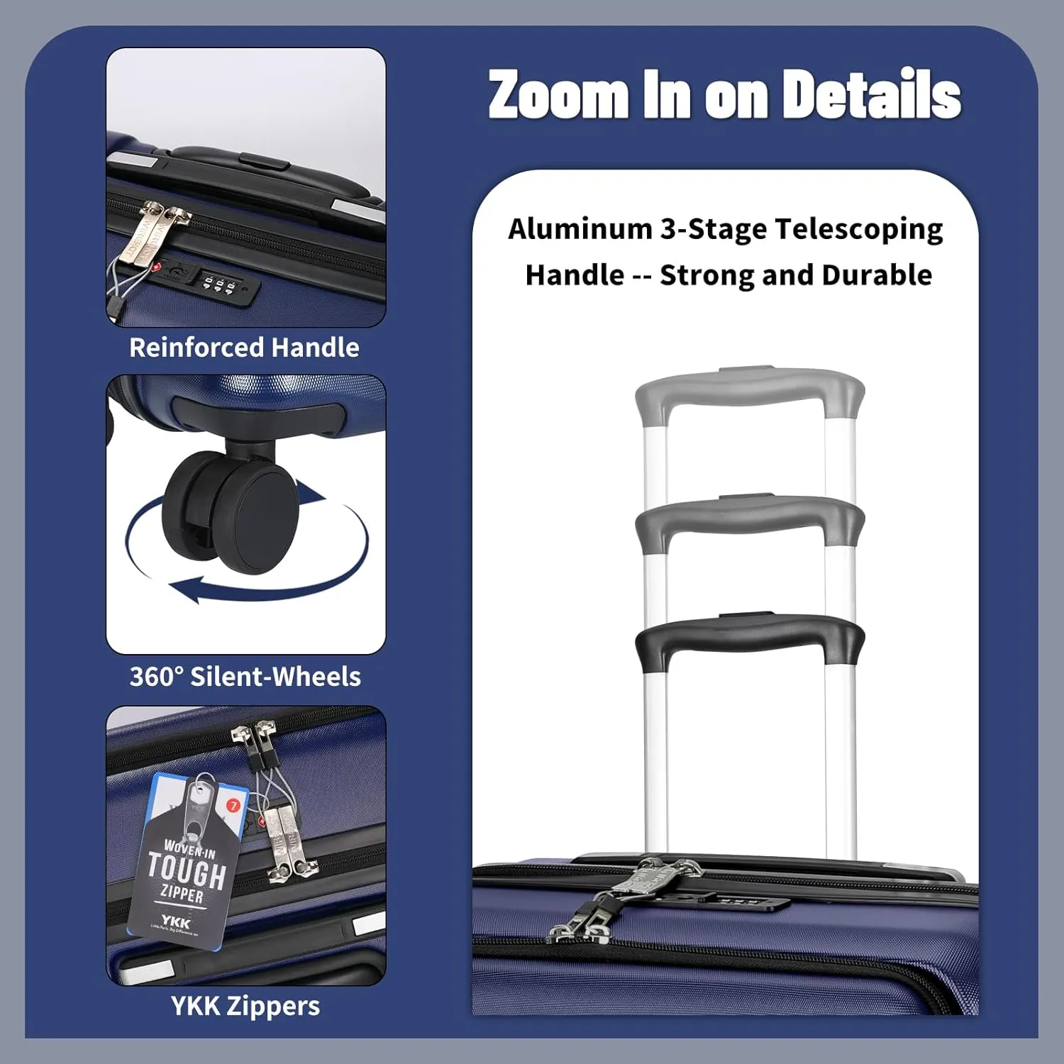 2 Piece Luggage Sets with Spinner Wheels Front Open Pocket, ABS PC Suitcase with TSA Lock & YKK Zipper, Carry On 20/24 inch Medium  Toiletry Bag Handbag, Deep Dark Navy Blue