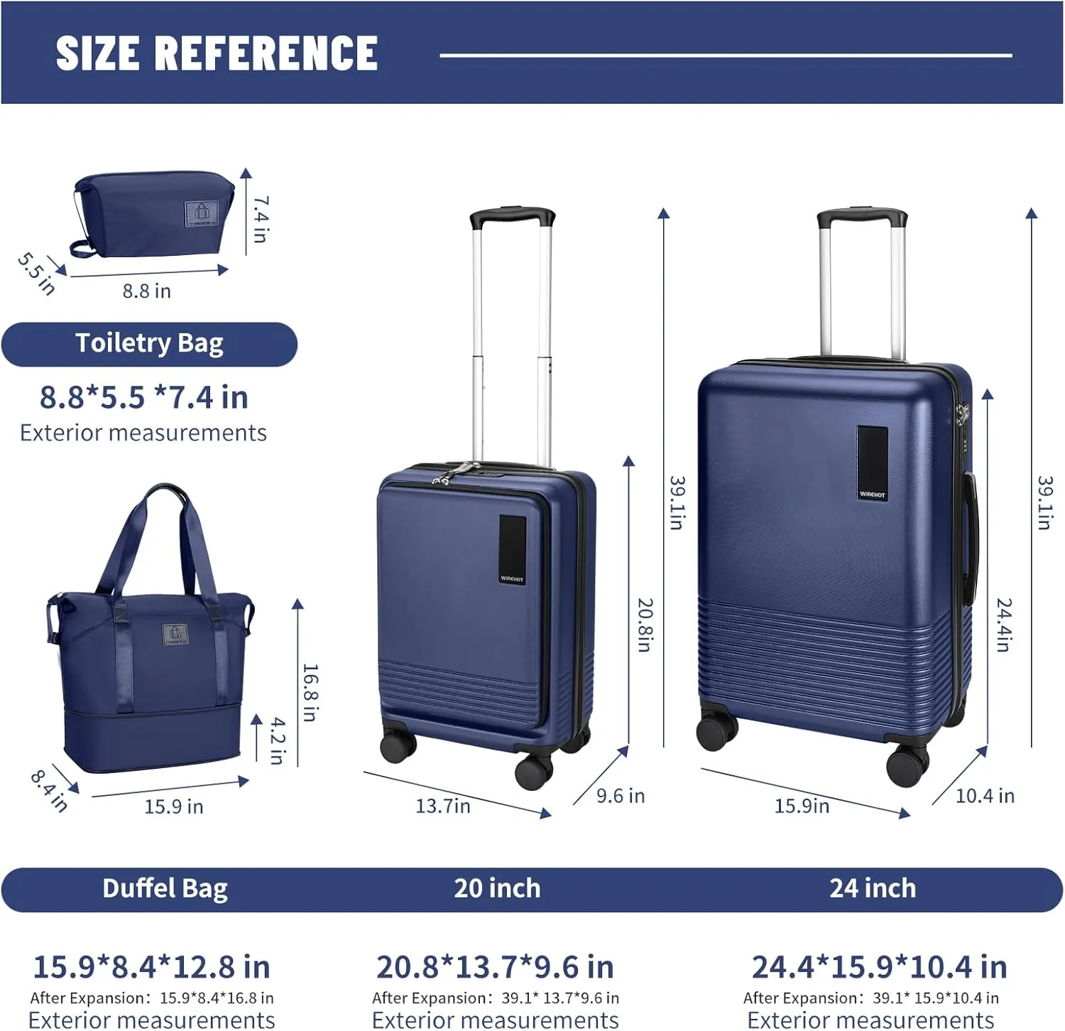 2 Piece Luggage Sets with Spinner Wheels Front Open Pocket, ABS PC Suitcase with TSA Lock & YKK Zipper, Carry On 20/24 inch Medium  Toiletry Bag Handbag, Deep Dark Navy Blue