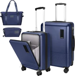 2 Piece Luggage Sets with Spinner Wheels Front Open Pocket, ABS PC Suitcase with TSA Lock & YKK Zipper, Carry On 20/24 inch Medium  Toiletry Bag Handbag, Deep Dark Navy Blue