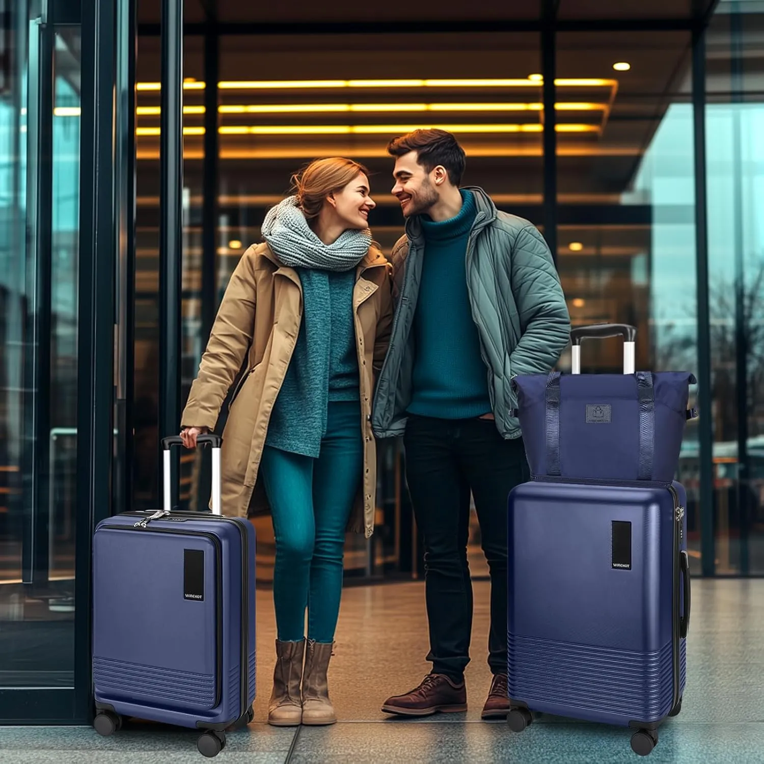 2 Piece Luggage Sets with Spinner Wheels Front Open Pocket, ABS PC Suitcase with TSA Lock & YKK Zipper, Carry On 20/24 inch Medium  Toiletry Bag Handbag, Deep Dark Navy Blue