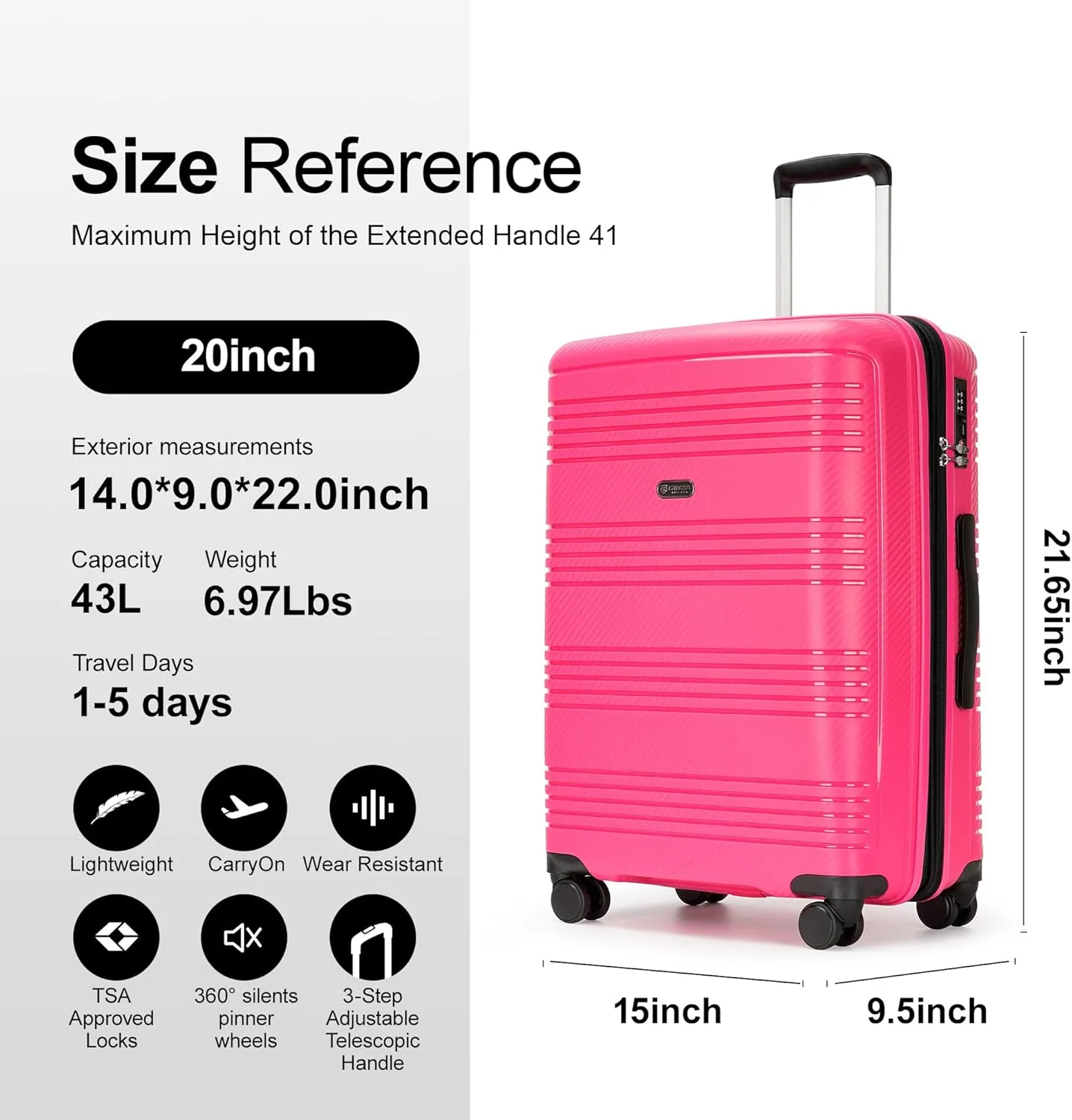 20 inch Carry On Luggage 22x14x9 Airline Approved PP Expandable Hard Shell Suitcase with Spinner Wheels Tsa Lock, Dark Pink