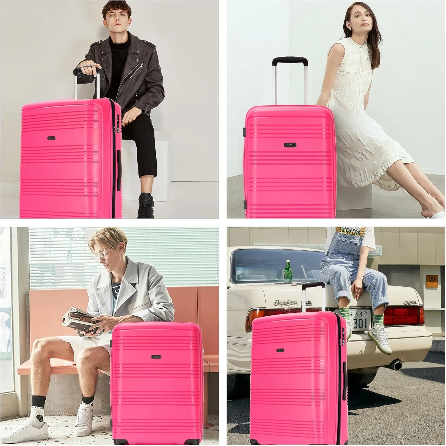 20 inch Carry On Luggage 22x14x9 Airline Approved PP Expandable Hard Shell Suitcase with Spinner Wheels Tsa Lock, Dark Pink