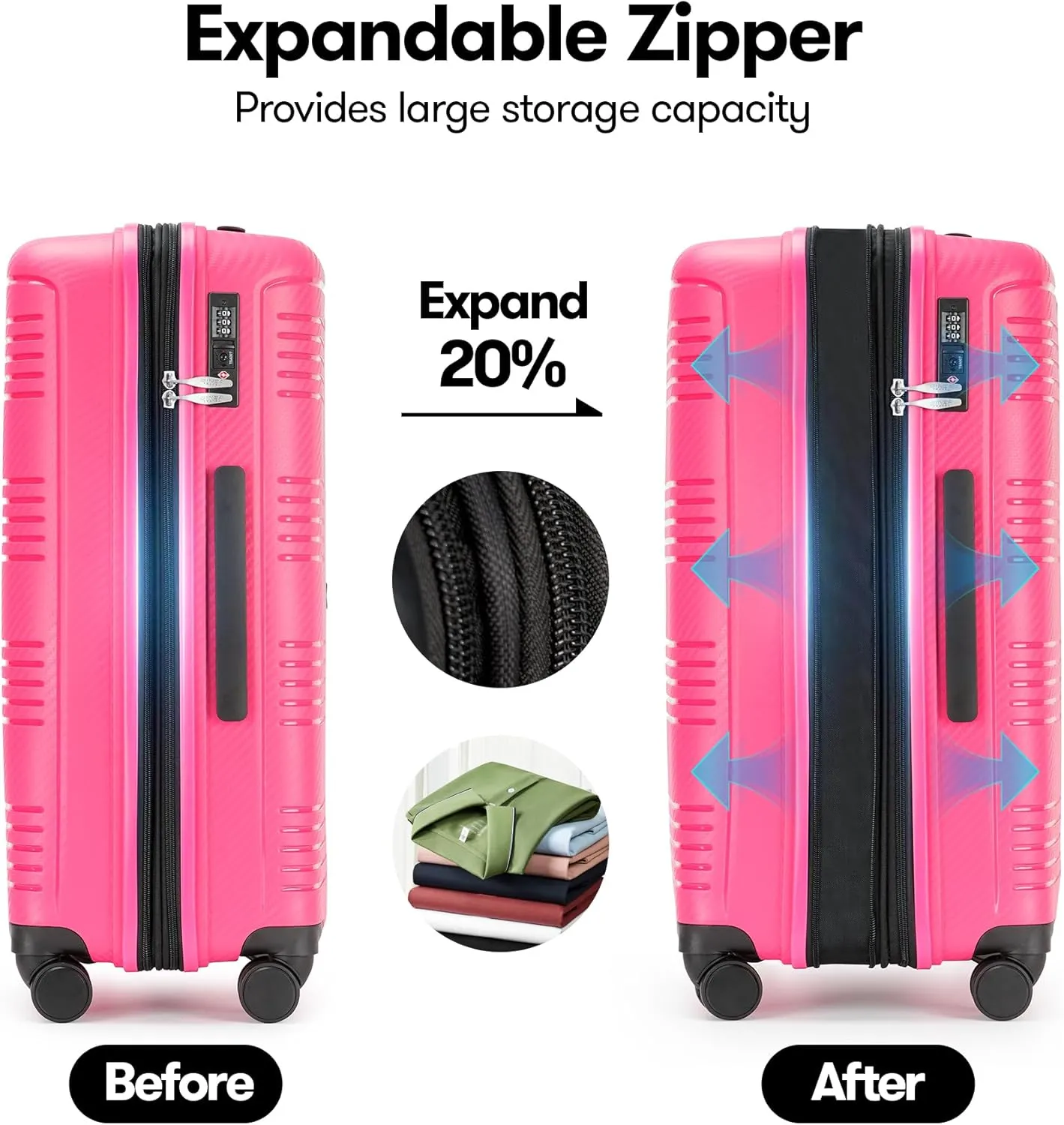 20 inch Carry On Luggage 22x14x9 Airline Approved PP Expandable Hard Shell Suitcase with Spinner Wheels Tsa Lock, Dark Pink