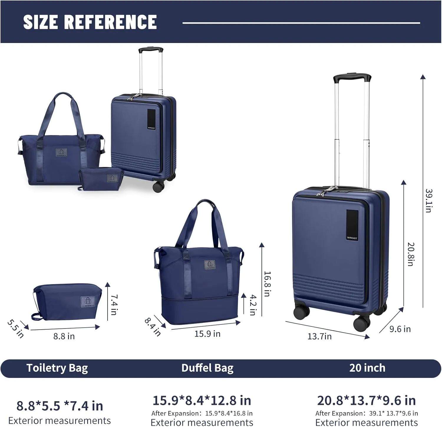 20 inch Small Carry On Luggage Front Open with Laptop Pocket, ABS PC Hard Shell Suitcase with Spinner Wheels TSA Lock & YKK Zipper, 20in/Toiletry Bag/Handbag, Dark Deep Navy Blue