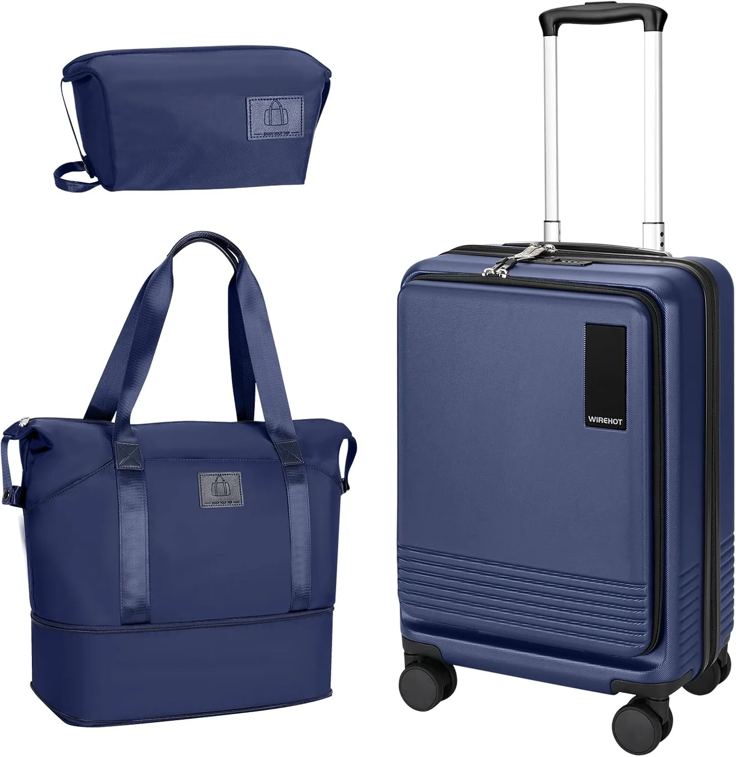 20 inch Small Carry On Luggage Front Open with Laptop Pocket, ABS PC Hard Shell Suitcase with Spinner Wheels TSA Lock & YKK Zipper, 20in/Toiletry Bag/Handbag, Dark Deep Navy Blue